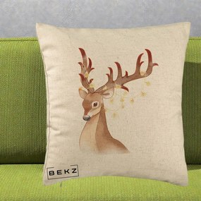 Perna Decorativa Ren cu Luminite de Craciun, 40x40 cm, Bej, Husa Detasabila, Perna Inclusa, BEKZ®