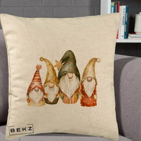 Perna Decorativa Gnomi de Craciun Patru, 40x40 cm, Bej, Husa Detasabila, Perna Inclusa, BEKZ®