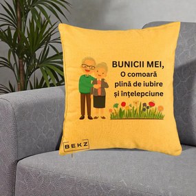 Cadou pentru Bunici - Perna Personalizata Bunicii Mei Comoara Cuplu Senior cu Flori Colorat, 40x40 cm, Galben, Husa Detasabila, Perna Inclusa, BEKZ®