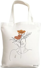 Sacosa de Panza pentru Cumparaturi, Geanta Tote, Flower Lady 2, 38x34.5 cm, Alba, BEKZ®