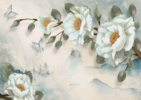 Fototapet 3D, Flori albe pe un fundal albastru senin Art.05151