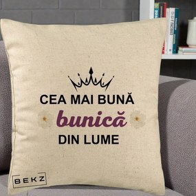 Cadou pentru Bunica - Perna Personalizata Cea Mai Buna Bunica Din Lume Coroana Mov Flori, 40x40 cm, Bej, Husa Detasabila, Perna Inclusa, BEKZ®