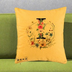 Cadou Personalizat - Perna Personalizata Monogram Litera I cu Flori Acuarela, 40x40 cm, Galben, Husa Detasabila, Perna Inclusa, BEKZ®