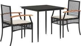 vidaXL Set mobilier de grădină cu perne, 3 piese, negru, poliratan