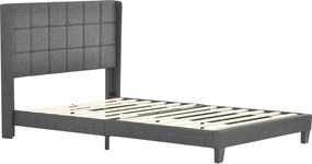 Pat dublu cu tăblie tapițată și somieră cu lamele, design elegant din in, fără saltea, 140x200 cm, Gri