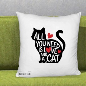 Perna Personalizata All You Need is Love and a Cat, 40x40 cm, Alb Pufos, Husa Detasabila, Perna Inclusa, BEKZ®