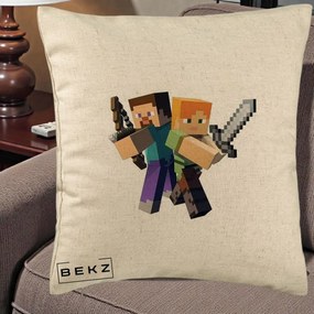 Perna Personalizata Minecraft Steve si Alex, 40x40 cm, Bej, Husa Detasabila, Perna Inclusa, BEKZ®