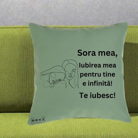 Cadou pentru Sora - Perna Personalizata Sora Mea Te Iubesc Line Art Portrete Fata in Fata, 40x40 cm, Verde, Husa Detasabila, Perna Inclusa, BEKZ®