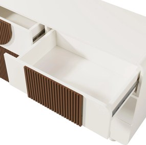 Comodă cu 6 sertare, cu șipci din lemn de culoare ciocolată și picioare sferice din lemn masiv, albe, 121x41x71 cm, Alb