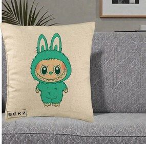 Perna Personalizata Labubu Turcoaz, 40x40 cm, Bej, Husa Detasabila, Perna Inclusa, BEKZ®