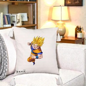 Perna Personalizata Dragon Ball Goku Super Saiyan 2 Lupta, 40x40 cm, Bej cu Franjuri, Husa Detasabila, Perna Inclusa, BEKZ®