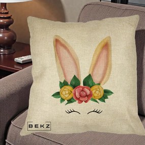 Perna Decorativa Iepuras Flori Urechi Pastelui, 40x40 cm, Crem, Husa Detasabila, Perna Inclusa, BEKZ®