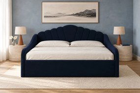 Pat tapițat pentru copii din catifea Noma 140×200 cm, bleumarin, cu ladă de depozitare