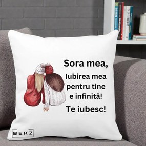 Cadou pentru Sora - Perna Personalizata Sora Mea Te Iubesc Doua Fete Iarna Acuarela, 40x40 cm, Alba Mata, Husa Detasabila, Perna Inclusa, BEKZ®