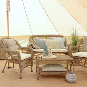 Set lounge exterior boho chic din rattan sintetic cu canapea, 2 fotolii și măsuță, perne incluse, "Riviera"
