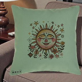 Perna Decorativa Soare Retro Boho Floral, 40x40 cm, Verde, Husa Detasabila, Perna Inclusa, BEKZ®