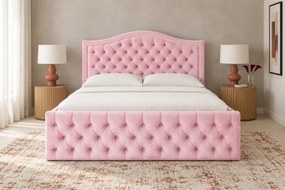 Pat tapițat Chesterfield din catifea Solaria Deluxe 160×200 cm, roz, cu ladă de depozitare