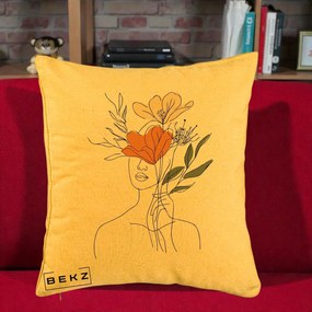 Perna Decorativa Portret Feminin Coroana Florala, 40x40 cm, Galben, Husa Detasabila, Perna Inclusa, BEKZ®