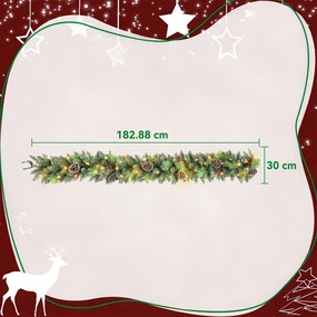 HOMCOM Ghirlandă de Crăciun 183 cm cu Crengi Înzăpezite și 30 de Lumini Albe, Conuri și Boabe pentru Interioare | Aosom Romania