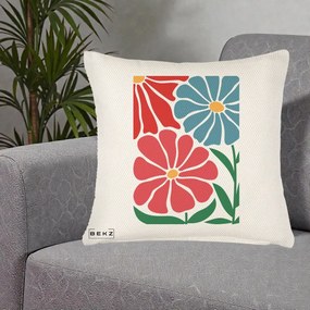 Perna Decorativa Flori Grafice Rosu-Albastru, 40x40 cm, Crem Reliefat, Husa Detasabila, Perna Inclusa, BEKZ®