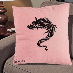Perna Decorativa Lup Tribal Alb-Negru, 40x40 cm, Roz, Husa Detasabila, Perna Inclusa, BEKZ®