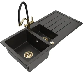 Mexen Andres chiuvetă granit 1,5-camere cu scurgător și baterie de bucătărie Duo, negru/auriu metalic - 6515-75-671701-57-G