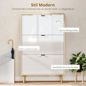 HOMCOM Dulap de pantofi subțire modern cu 3 sertare rabatabile pentru 24 de perechi de pantofi, Alb | Aosom Romania