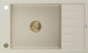Mexen Elias chiuvetă de granit cu 1 compartiment și scurgător 795 x 480 mm, bej, sifon auriu - 6511791005-69-G