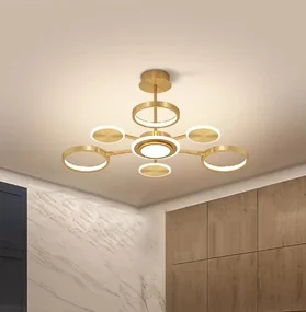 Lustra LED cu Telecomanda, Auriu, 8 Brate, 3 Tipuri De Lumina, Intensitate Reglabila, 92W