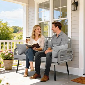 Outsunny Canapea de grădină cu perne și pernuțe 2 locuri din rășină împletită, canapea pentru exterior cu cotiere gri închis | Aosom Romania