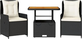 vidaXL Set bistro cu perne, 3 piese, negru, poliratan