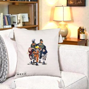 Perna Personalizata Naruto Echipa 7 Kakashi Sensei, 40x40 cm, Bej cu Franjuri, Husa Detasabila, Perna Inclusa, BEKZ®