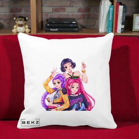 Perna Personalizata K-pop HUNTRX Trio Animat Fete Foto, 40x40 cm, Alba Mata, Husa Detasabila, Perna Inclusa, BEKZ®