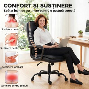 HOMCOM Scaun de Birou Rotativ din Piele PU, Funcție Legănare, Spătar Înalt, Reglabil pe Înălțime, Suportă 120 kg, Negru | Aosom Romania