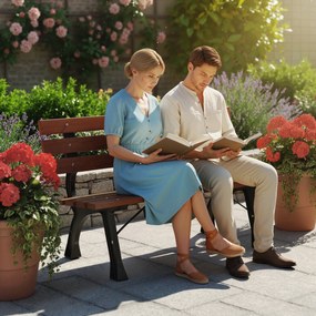 Outsunny Bancă cu 2 locuri, pentru grădină și terasă, fontă de aluminiu + lemn natural, 120 x 57 x 70 cm, Maro | Aosom Romania