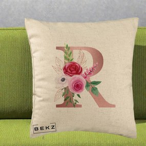 Cadou Personalizat - Perna Personalizata Monograma Rose Gold Litera R, 40x40 cm, Bej, Husa Detasabila, Perna Inclusa, BEKZ®