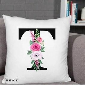 Cadou Personalizat - Perna Personalizata Monograma Florala Litera T, 40x40 cm, Alb Pufos, Husa Detasabila, Perna Inclusa, BEKZ®