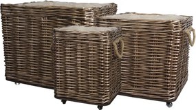 Set 3 coșuri decorative pătrate lucrate manual din ratan împletit, cu roți, 60x70x70 cm, „Gabian"