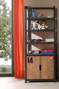 Bibliotecă Copii ALEX, Pin Masiv, 4 Rafturi și Dulap, Design Industrial – Vipack