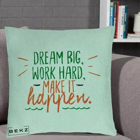 Perna Decorativa Dream Big Work Hard Mesaj Motivational, 40x40 cm, Verde Menta, Husa Detasabila, Perna Inclusa, BEKZ®