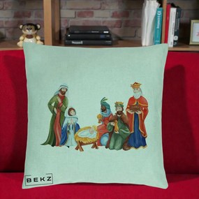 Perna Decorativa Nasterea Domnului Cei Trei Magi Acuarela, 40x40 cm, Verde Menta, Husa Detasabila, Perna Inclusa, BEKZ®