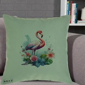 Perna Decorativa Flamingo cu Flori Tropicale Acuarela, 40x40 cm, Verde, Husa Detasabila, Perna Inclusa, BEKZ®