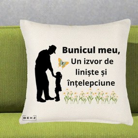 Cadou pentru Bunic - Perna Personalizata Bunicul Meu Izvor de Liniste cu Fluture si Fetita, 40x40 cm, Crem Reliefat, Husa Detasabila, Perna Inclusa, BEKZ®