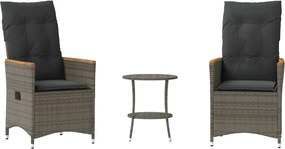 vidaXL Set bistro de grădină cu perne, 3 piese, gri, poliratan
