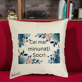 Cadou pentru Socri - Perna Personalizata Cei mai Minunati Socri cu Flori Albastre si Roz, 40x40 cm, Ecru, Husa Detasabila, Perna Inclusa, BEKZ®