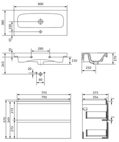 Set dulap baie suspendat 2 sertare cu lavoar Cersanit Moduo inclus, 80 cm, antracit mat, montat