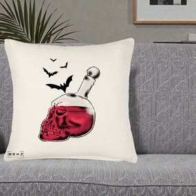 Perna Decorativa Halloween Craniu-Sticla cu Lilieci, 40x40 cm, Crem Reliefat, Husa Detasabila, Perna Inclusa, BEKZ®