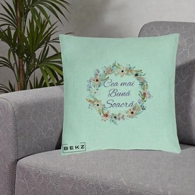 Cadou pentru Soacra - Perna Personalizata Cea mai Buna Soacra cu Coronita Flori Boho Pastel, 40x40 cm, Verde Menta, Husa Detasabila, Perna Inclusa, BEKZ®