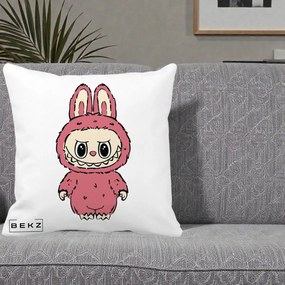 Perna Personalizata Labubu Roz Solo, 40x40 cm, Alba Mata, Husa Detasabila, Perna Inclusa, BEKZ®