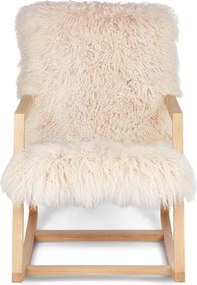 Fotoliu balansoar din lemn de frasin, cu pernă din blană naturală de oaie tibetană albă, cu fir lung și creț, 56×78×86 cm, „Rocking Chair”